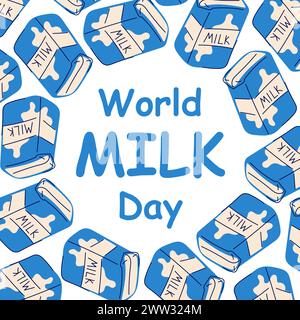 Banner cartoni animati World Milk Day. Modello di design per poster di benvenuto della giornata nazionale del latte con una scatola di latte. Illustrazione vettoriale su sfondo bianco. Illustrazione Vettoriale