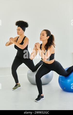 due diverse amiche si allenano sulle palle di fitness durante la lezione di pilates, la motivazione e la forza Foto Stock