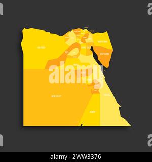 Egitto mappa politica delle divisioni amministrative - governatorati. Mappa vettoriale piatta con ombreggiatura gialla con etichette dei nomi e ombre rilasciate isolate su sfondo grigio scuro. Illustrazione Vettoriale