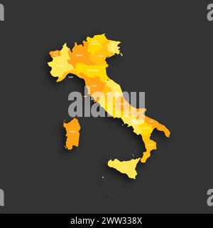 Italia carta politica delle divisioni amministrative - regioni. Mappa vettoriale piatta con ombreggiatura gialla con etichette dei nomi e ombre rilasciate isolate su sfondo grigio scuro. Illustrazione Vettoriale