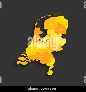Mappa politica olandese delle divisioni amministrative - province. Mappa vettoriale piatta con ombreggiatura gialla con etichette dei nomi e ombre rilasciate isolate su sfondo grigio scuro. Illustrazione Vettoriale