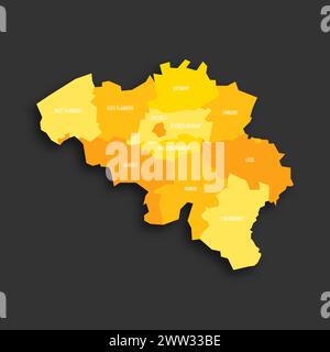 Mappa politica belga delle divisioni amministrative - province. Mappa vettoriale piatta con ombreggiatura gialla con etichette dei nomi e ombre rilasciate isolate su sfondo grigio scuro. Illustrazione Vettoriale