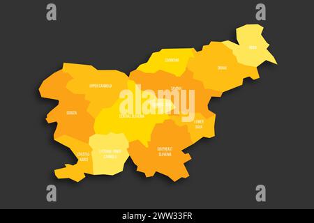 Slovenia carta politica delle divisioni amministrative - regioni statistiche. Mappa vettoriale piatta con ombreggiatura gialla con etichette dei nomi e ombre rilasciate isolate su sfondo grigio scuro. Illustrazione Vettoriale