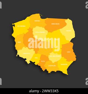 Polonia mappa politica delle divisioni amministrative - voivodati. Mappa vettoriale piatta con ombreggiatura gialla con etichette dei nomi e ombre rilasciate isolate su sfondo grigio scuro. Illustrazione Vettoriale