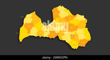 Lettonia mappa politica delle divisioni amministrative - comuni e città. Mappa vettoriale piatta con ombreggiatura gialla con etichette dei nomi e ombre rilasciate isolate su sfondo grigio scuro. Illustrazione Vettoriale