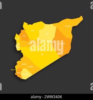 Siria mappa politica delle divisioni amministrative - governatorati. Mappa vettoriale piatta con ombreggiatura gialla con etichette dei nomi e ombre rilasciate isolate su sfondo grigio scuro. Illustrazione Vettoriale