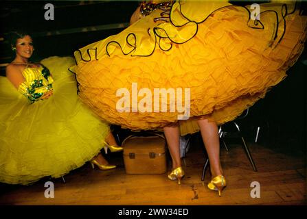 Sala da ballo, abiti da ballo degli anni '1990, Regno Unito. Venite a ballare i concorrenti nei loro abiti da ballo fatti in casa a più strati di petticoat in polvere con un corpetto decorato con paillettes strette, i concorrenti aspettano il loro turno di scivolare con i loro partner intorno alla pista da ballo e abbagliano i riflettori al Winter Gardens, Empress Ballroom. Blackpool, Lancashire, Inghilterra 1 febbraio 1991. HOMER SYKES Foto Stock