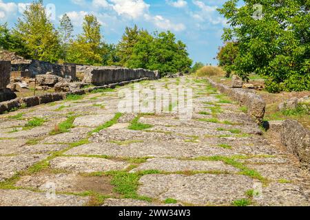Vista del restante mastio di antica strada in pietra a Dion. Pieria, Grecia Foto Stock