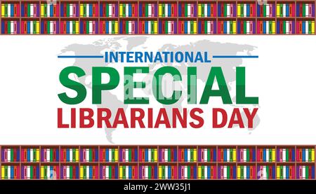 Giornata internazionale speciale dei bibliotecari. Concetto di vacanza. Modello per sfondo, banner, scheda, poster con iscrizione di testo Illustrazione Vettoriale