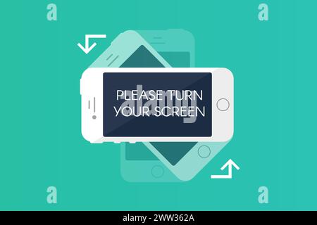 Rotazione dello schermo dello smartphone. Istruzioni visive semplici per l'utilizzo del telefono cellulare bianco per la rotazione dell'immagine in posizione orizzontale. Vettore piatto isolato su p Illustrazione Vettoriale
