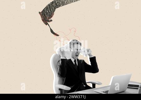 Immagine di schizzo grafica composita collage fotografico di un giovane impiegato di ufficio tenere la carta in mano agrue burnout scadenza stanco stressato bisogno rilassarsi Foto Stock