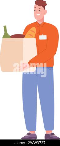 Uomo felice con la spesa in sacchetto di carta. Shopping di cibo isolato su sfondo bianco Illustrazione Vettoriale