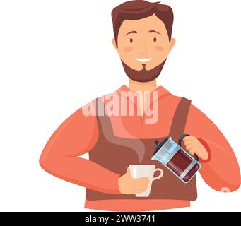 Uomo che versa caffè dalla stampa francese. Bevanda calda isolata su sfondo bianco Illustrazione Vettoriale