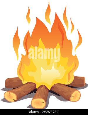 Falò in fiamme. Caminetto all'aperto. Fiamma fumetto campire isolata su sfondo bianco Illustrazione Vettoriale