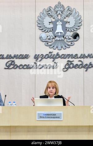 Mosca, Russia. 21 marzo 2024. La presidente della Commissione elettorale centrale russa (CEC) Ella Pamfilova parla durante un briefing sulle elezioni presidenziali a Mosca, Russia, 21 marzo 2024. Il presidente in carica della Russia Vladimir Putin ha vinto le elezioni presidenziali con il 87,28% dei voti, i dati finali dal CEC russo hanno mostrato giovedì. Crediti: Cao Yang/Xinhua/Alamy Live News Foto Stock