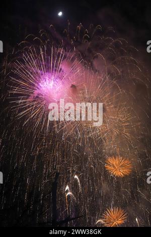 I bellissimi fuochi d'artificio di diversi colori e forme esplodono nel cielo di Valencia durante la celebrazione delle Fallas Foto Stock