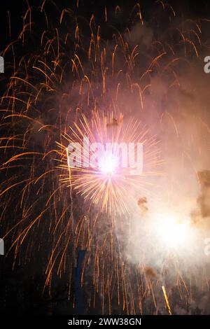 I bellissimi fuochi d'artificio di diversi colori e forme esplodono nel cielo di Valencia durante la celebrazione delle Fallas Foto Stock