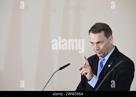 Praga, Repubblica Ceca. 21 marzo 2024. Il ministro degli Esteri polacco Radoslaw Sikorski interviene durante la conferenza stampa dopo la riunione dei ministri degli Esteri del gruppo Visegrad (Cechia, Slovacchia, Ungheria, Polonia), a Praga, Repubblica Ceca, il 21 marzo 2024. Crediti: Michal Kamaryt/CTK Photo/Alamy Live News Foto Stock