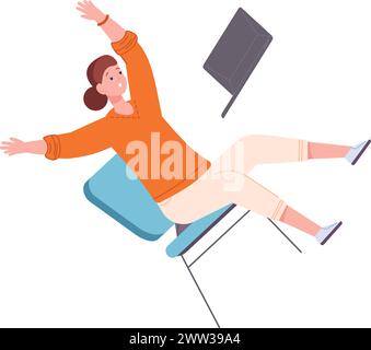 Donna che cade con un notebook. Incidente sul lavoro. Pericolo caduta isolata su sfondo bianco Illustrazione Vettoriale