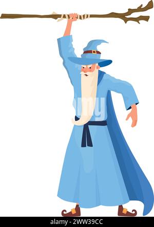 Mago arrabbiato con arma magica. Un vecchio personaggio da favola isolato su sfondo bianco Illustrazione Vettoriale