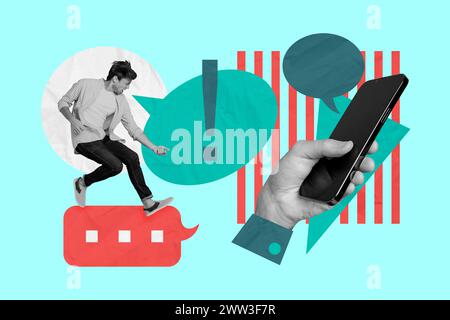 Collage fotografico composito di giovane ragazzo arrabbiato casella di testo di danza bolla tenere a mano la corrispondenza iphone isolata su sfondo dipinto Foto Stock