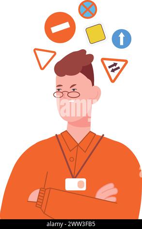 Uomo irritato dai cartelli stradali. Personaggio istruttore di guida isolato su sfondo bianco Illustrazione Vettoriale