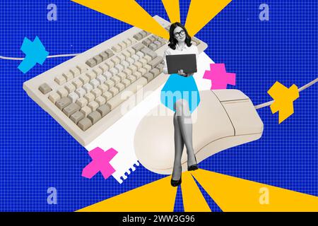 Grafica illustrazione creativa collage di giovane copywriter lavoratrice seduta in coworking utilizzando laptop tastiera meccanica e mouse Foto Stock