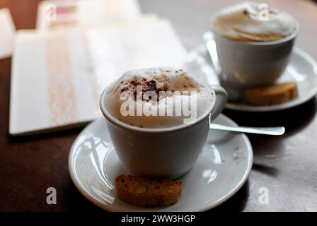 Due tazze di cappuccino con schiuma e un Cantucci accanto ad esso su un tavolo da caffè, Amburgo, città anseatica di Amburgo, Germania Foto Stock