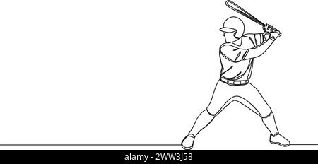 disegno continuo a linea singola del giocatore di baseball che oscilla la mazza, illustrazione vettoriale grafica della linea Illustrazione Vettoriale