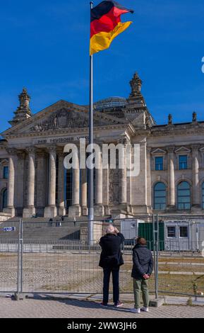 Turisti che si trovano presso la recinzione di costruzione di fronte all'edificio del Reichstag, Berlino, Germania Foto Stock