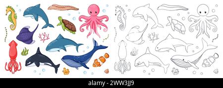 Animali sottomarini allestiti per libri da colorare in stile cartoon e line art. Balena azzurra, pesci pagliaccio, delfino, balena assassina, murena, polpo, cavallino marino, calamari Illustrazione Vettoriale