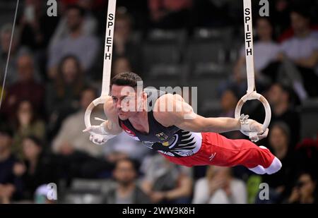 Andreas Toba GER, anelli, ginnastica, ginnastica artistica, ginnasta, Men, EnBW DTB-Pokal, Porsche-Arena, Stoccarda, Baden-Wuerttemberg, Germania Foto Stock