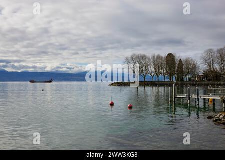 Vista del lago di Ginevra con nave cargo dal quartiere Ouchy, Losanna, quartiere di Losanna, Vaud, Svizzera Foto Stock
