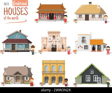 3 illustrazioni vettoriali di Case del mondo tradizionali in stile cartoni animati isolate su sfondo bianco Illustrazione Vettoriale