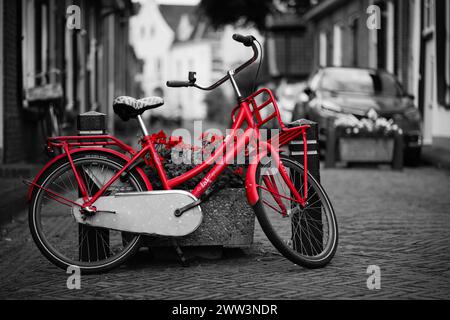 Fotografia a colori selettiva di una bicicletta rossa con un cestino di fiori su una vecchia strada acciottolata Foto Stock