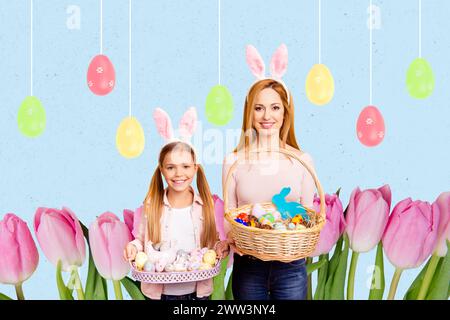 Immagine collage composita di una simpatica famiglia madre figlia tenere in mano il cesto delle uova celebra l'invito di pasqua cartolina strana bizzarra strana insolita Foto Stock