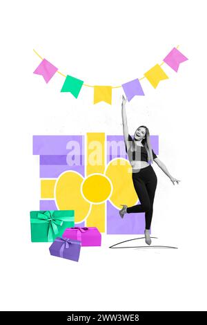 Immagine collage verticale composito di una mini scatola regalo ragazza effetto bianco nero isolata su sfondo creativo Foto Stock