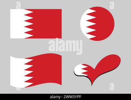 Bandiera del Bahrein. Bandiera del Bahrein a forma di cuore. Bandiera del Bahrain a forma di cerchio. Variazioni della bandiera del paese. Illustrazione Vettoriale