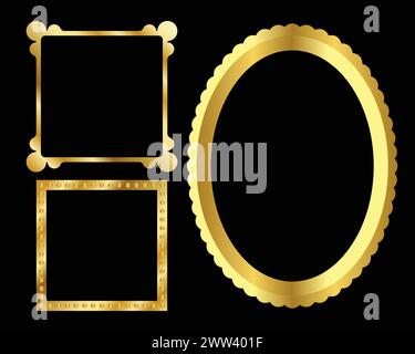 Set di cornici dorate. Bordo sfumato dorato. Cornice dorata con spazio vuoto per il testo. Sfondo con cornice dorata con spazio di copia. Illustrazione Vettoriale