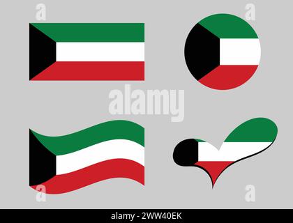 Bandiera del Kuwait. Bandiera del Kuwait a forma di cuore. Bandiera del Kuwait a forma di cerchio. Variazioni della bandiera del paese. Illustrazione Vettoriale