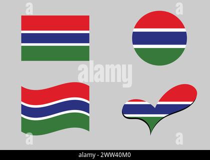 Bandiera del Gambia. Bandiera del Gambia a forma di cuore. Bandiera Gambia a forma di cerchio. Variazioni della bandiera del paese. Illustrazione Vettoriale