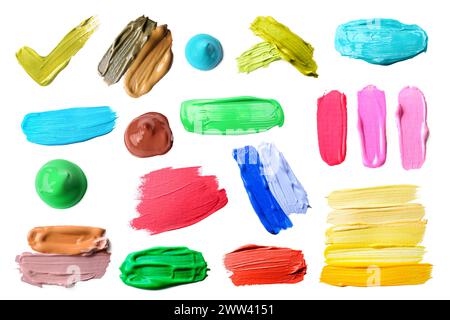 Colorare campioni di colori diversi su sfondo bianco, vista dall'alto Foto Stock