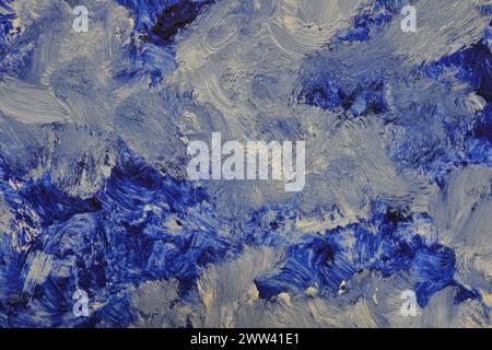 Texture colorata, pittura a olio astratta creativa su tela. Tratti di pennello bianco e blu. Foto Stock