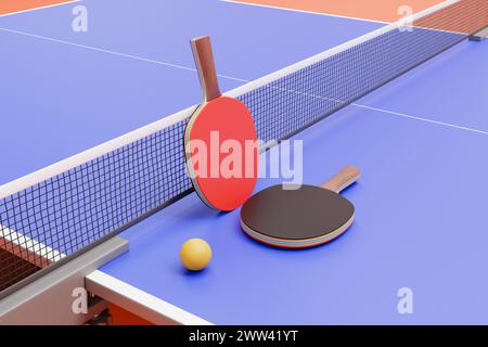 Racchette per ping pong, ping pong e palla giacciono sul tavolo. rendering 3d. Foto Stock