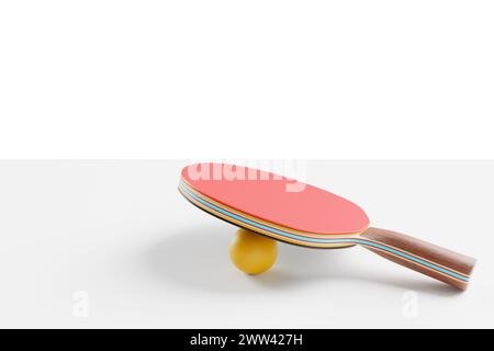 Una racchetta per il ping pong, il ping pong e una palla giacciono sul tavolo. rendering 3d. Foto Stock