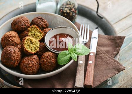 Piatto di falafel con spezie e zuppa su vassoio di metallo su sfondo di legno, vista dall'alto Foto Stock