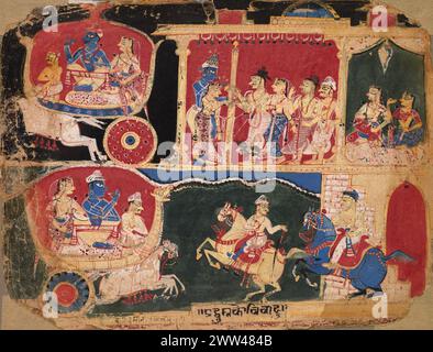 Vintage Indian Asian Art Il matrimonio di Pradyumna e Rukmavati, pagina da a Bhagavata Purana, 1525–50. India settentrionale. Foto Stock