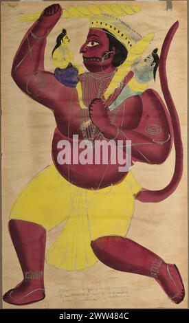 Arte indù vintage Hanuman, c. 1880. India orientale, Bengala, Kolkata, Kalighat. Foto Stock