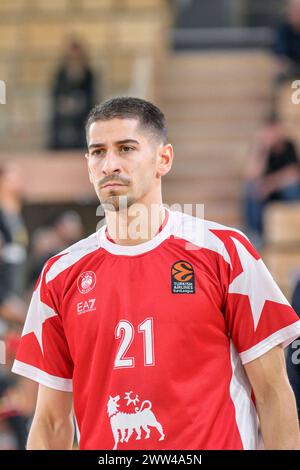 Monaco, Monaco. 20 marzo 2024. Diego Flaccadori, giocatore del Milan n. 21, viene visto durante la partita di Basketball Euroleague tra AS Monaco e EA7 Emporio Armani Olimpia Milan in Salle Gaston Medecin a Monaco il 20 marzo 2024. Foto di Laurent Coust/ABACAPRESS.COM credito: Abaca Press/Alamy Live News Foto Stock