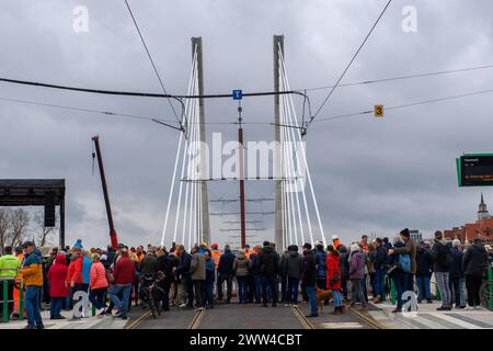 Magdeburgo, Germania. 21 marzo 2024. Le persone si trovano di fronte alla struttura mentre viene aperto il Kaiser otto Bridge. Il ponte è stato completamente aperto nel pomeriggio. Dopo che il ponte è stato aperto al traffico di tram a dicembre, tutti gli altri utenti della strada come automobilisti, ciclisti e pedoni sono ora autorizzati ad attraversare. (Alla dpa "il traffico passa sopra il nuovo attraversamento dell'Elba di Magdeburgo") credito: Klaus-Dietmar Gabbert/dpa/Alamy Live News Foto Stock